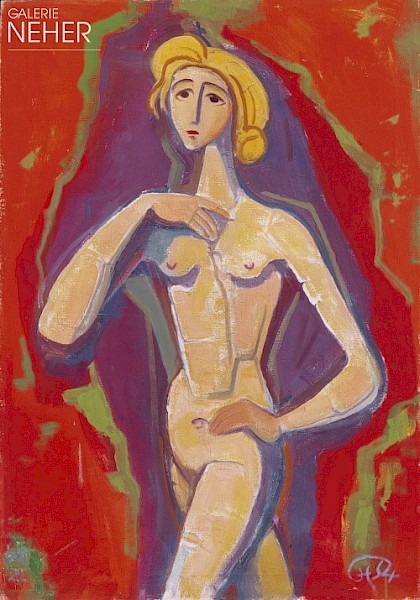 Karl Hofer, Stehender Mädchenakt vor Rot, (1954)